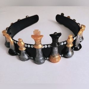 Handmade!Full set gold, grey and black chess pieces crown step your hair game up